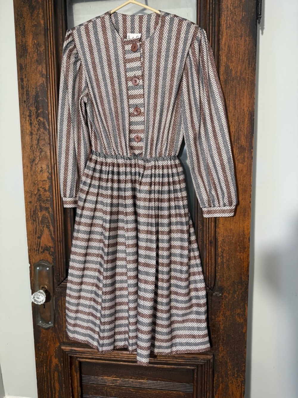 80s Women's Brown & Cream Striped Long-Sleeve Dress